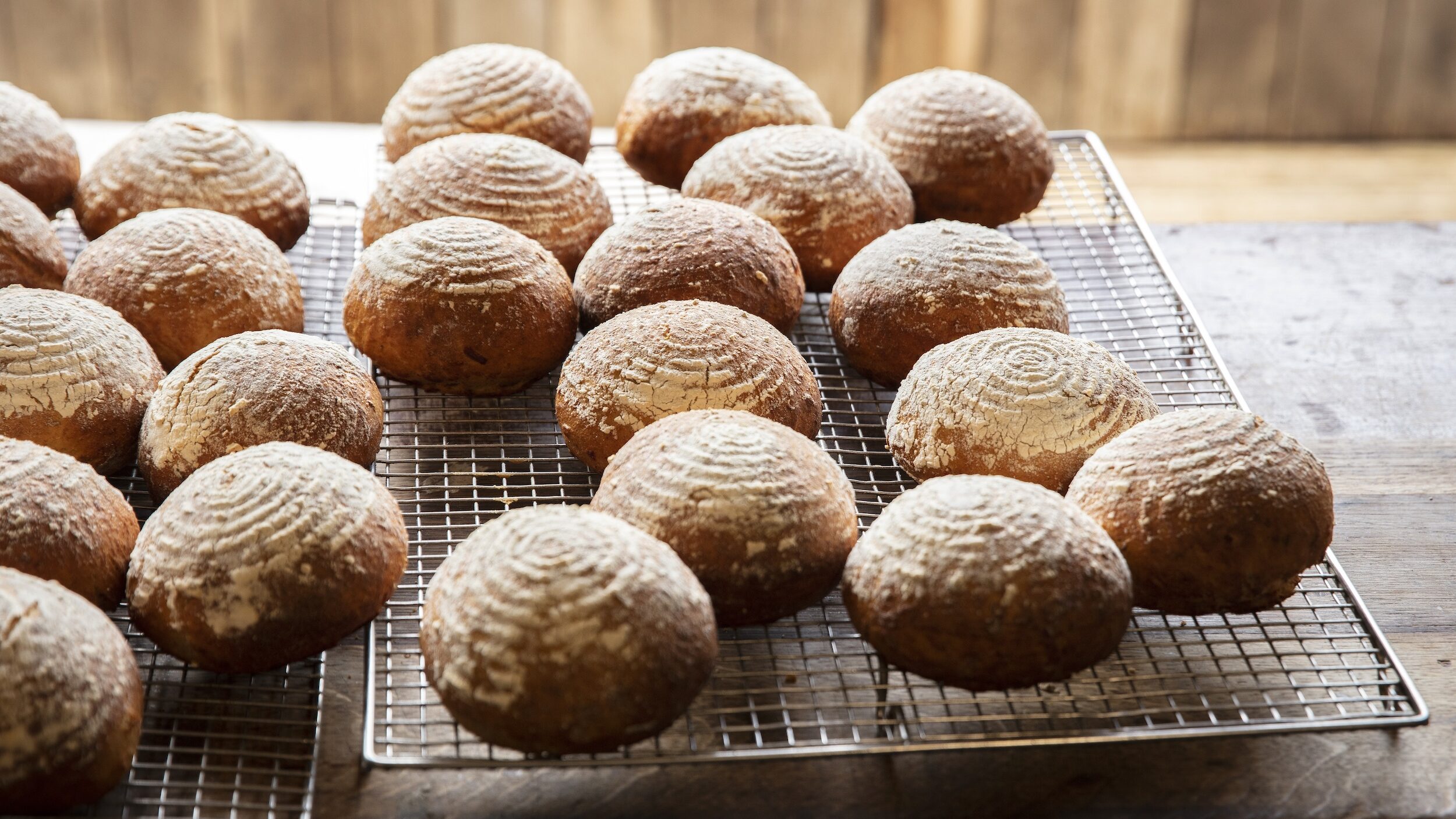 Fresh bread rolls cooling